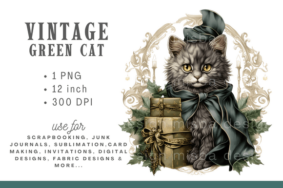 Download Green Vintage Christmas Cat Clipart - Christmas cat clipart Collection