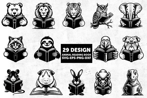 Download Animal Reading Book SVG Bundle,Book SVG - Animal reading book Collection
