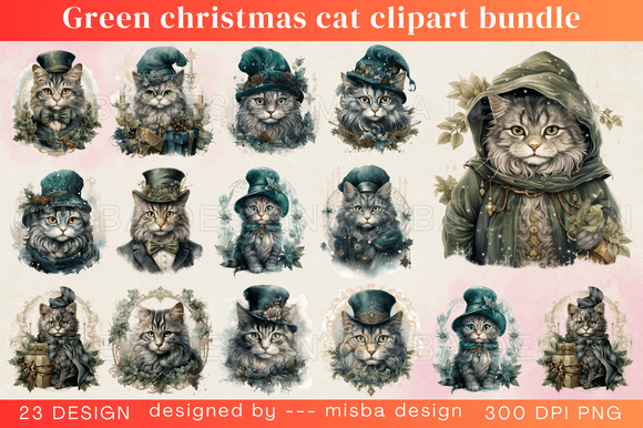 Download Green Christmas Cat Clipart Bundle - Christmas cat clipart Collection