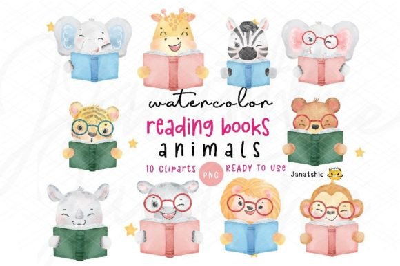 Download Watercolor Cute Animal Reading Book Png - Animal reading book Collection