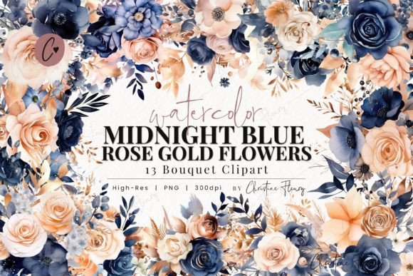 Download Midnight Blue &amp; Rose Gold Flower Clipart - Night Collection